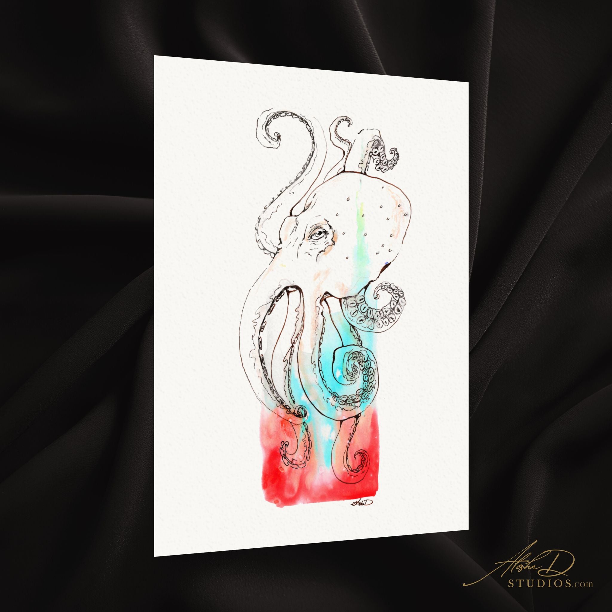 Octopus Watercolor & Ink  — Textured Matte Marine Wall Art Print