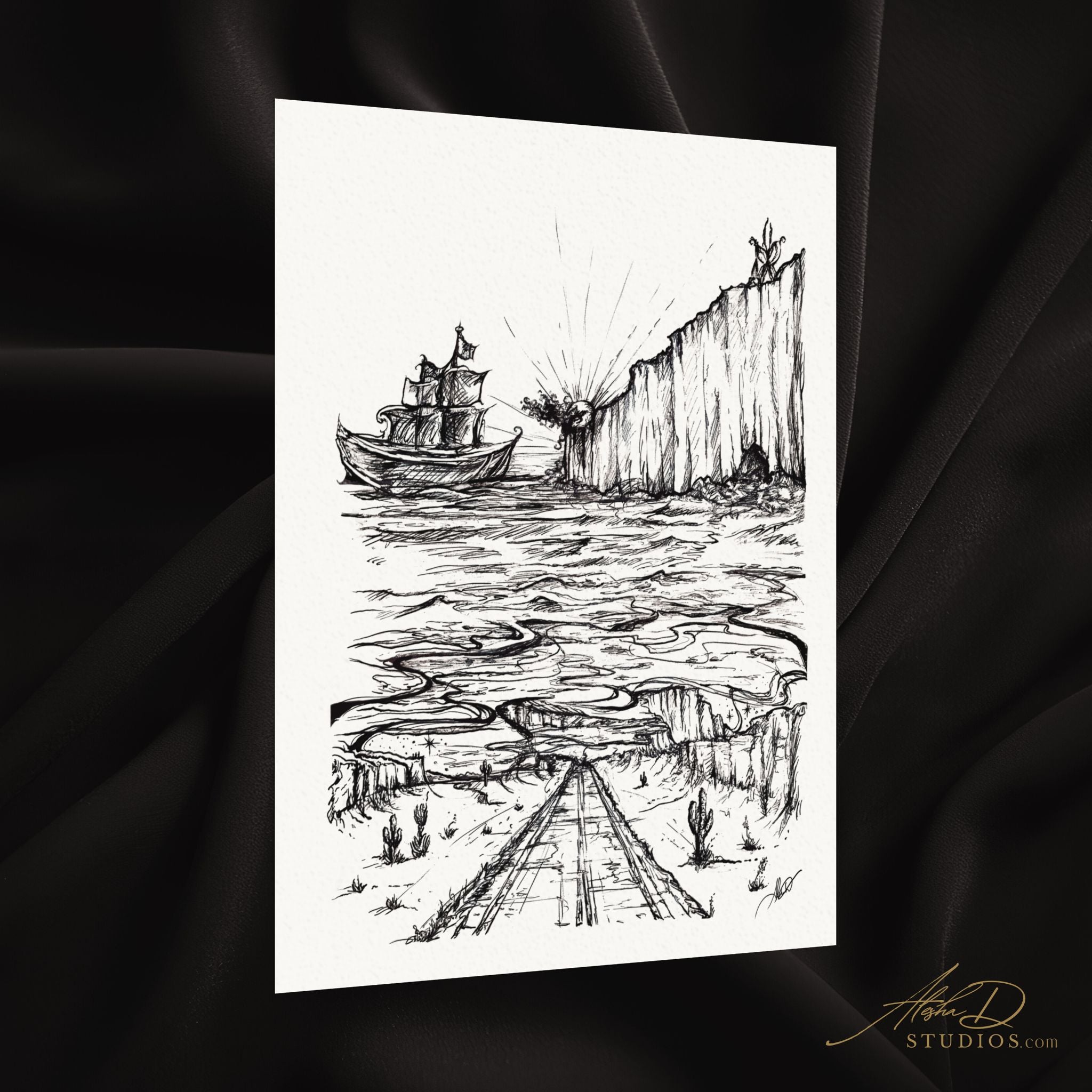 Cliff Road  " A Foot in Both Worlds" | Black Ink Sketch Matte Art Print