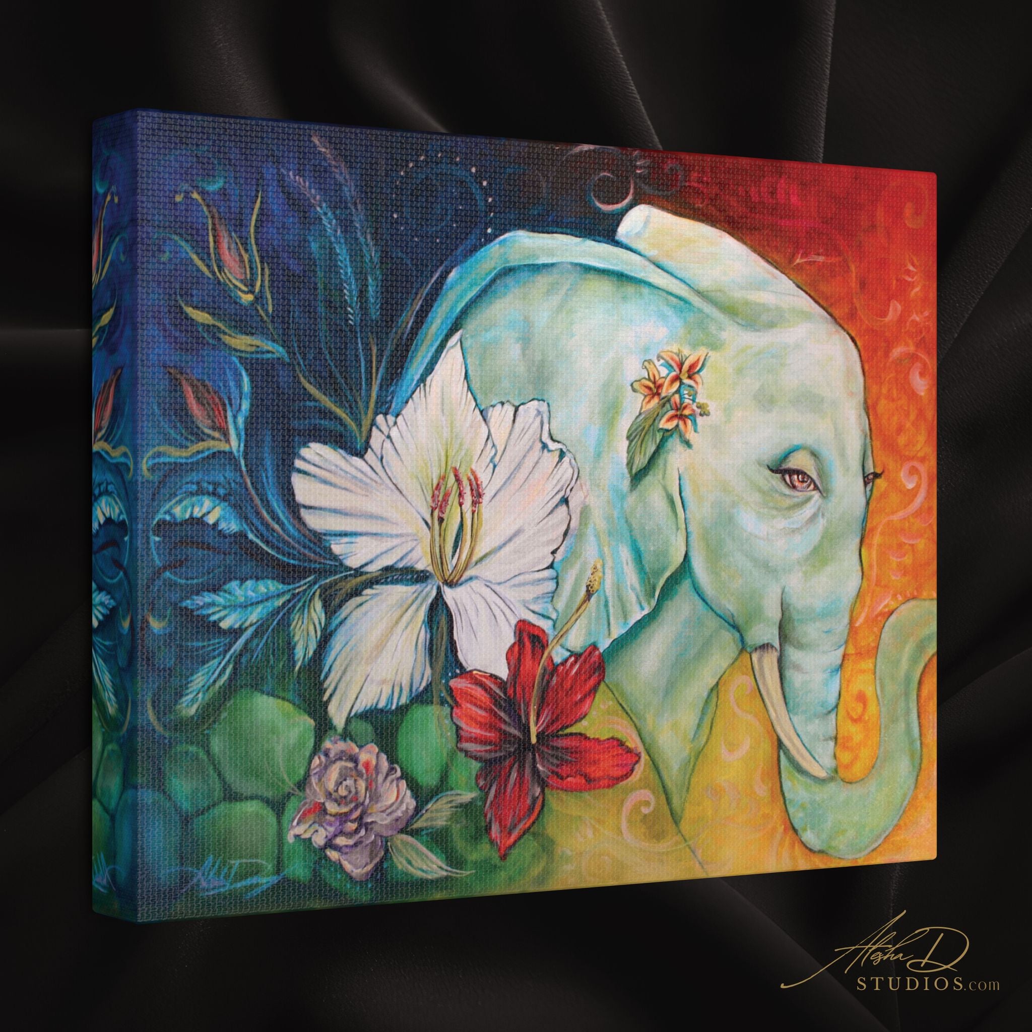Elephant Floral Canvas Print — Stretched Satin Wall Art