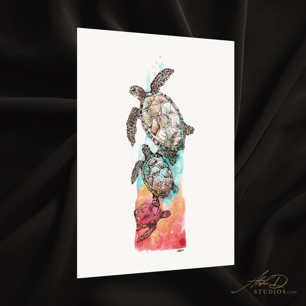 Sea Turtle Watercolor Poster — Textured Matte Ocean Art Print