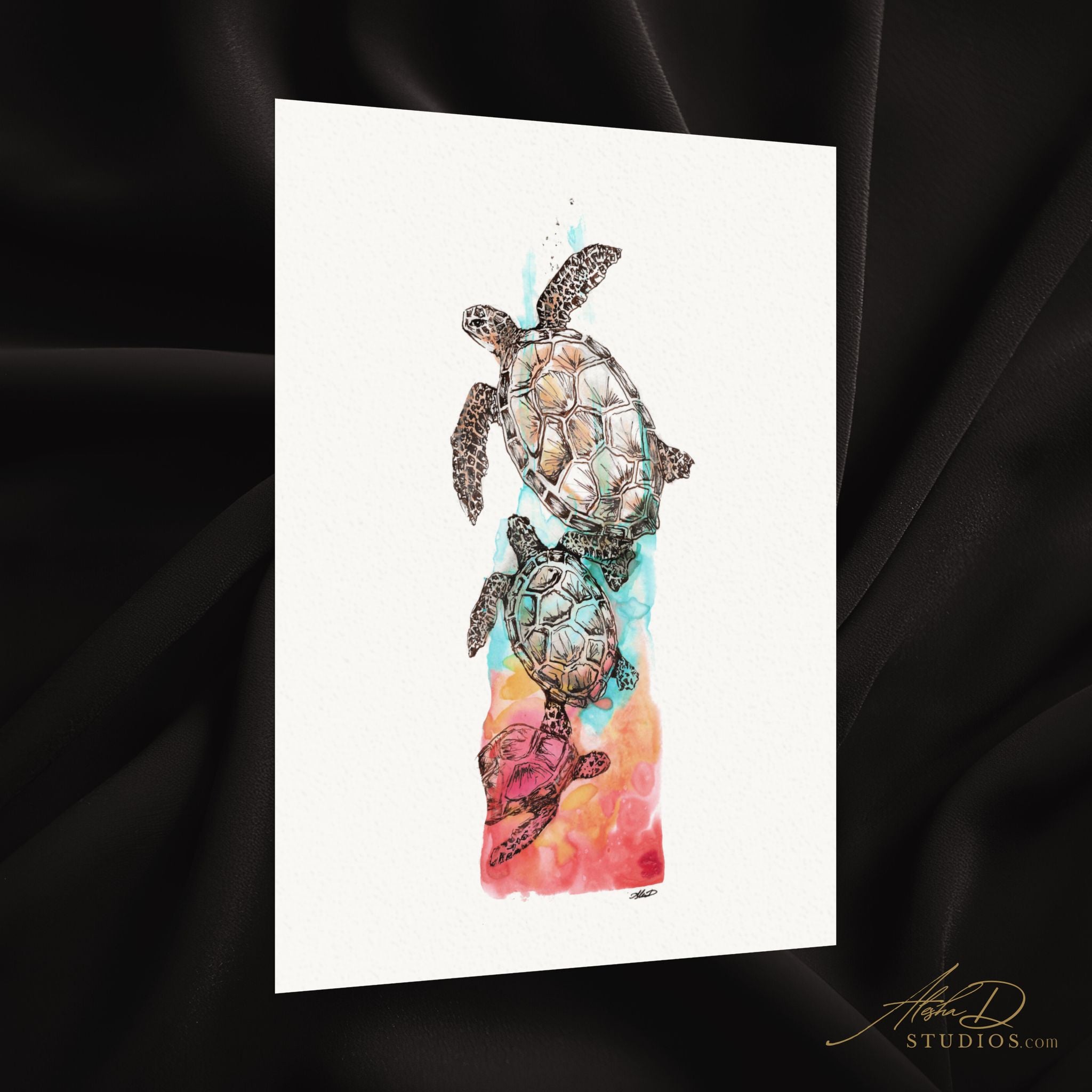 Sea Turtle Watercolor Poster — Textured Matte Ocean Art Print