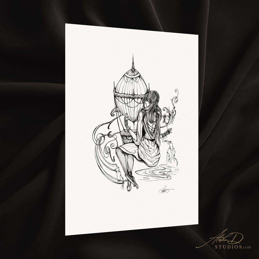 The Storm -La Tempéte- Woman Seamstress with Hot Air Balloon Poster | Watercolor Matte Art Print