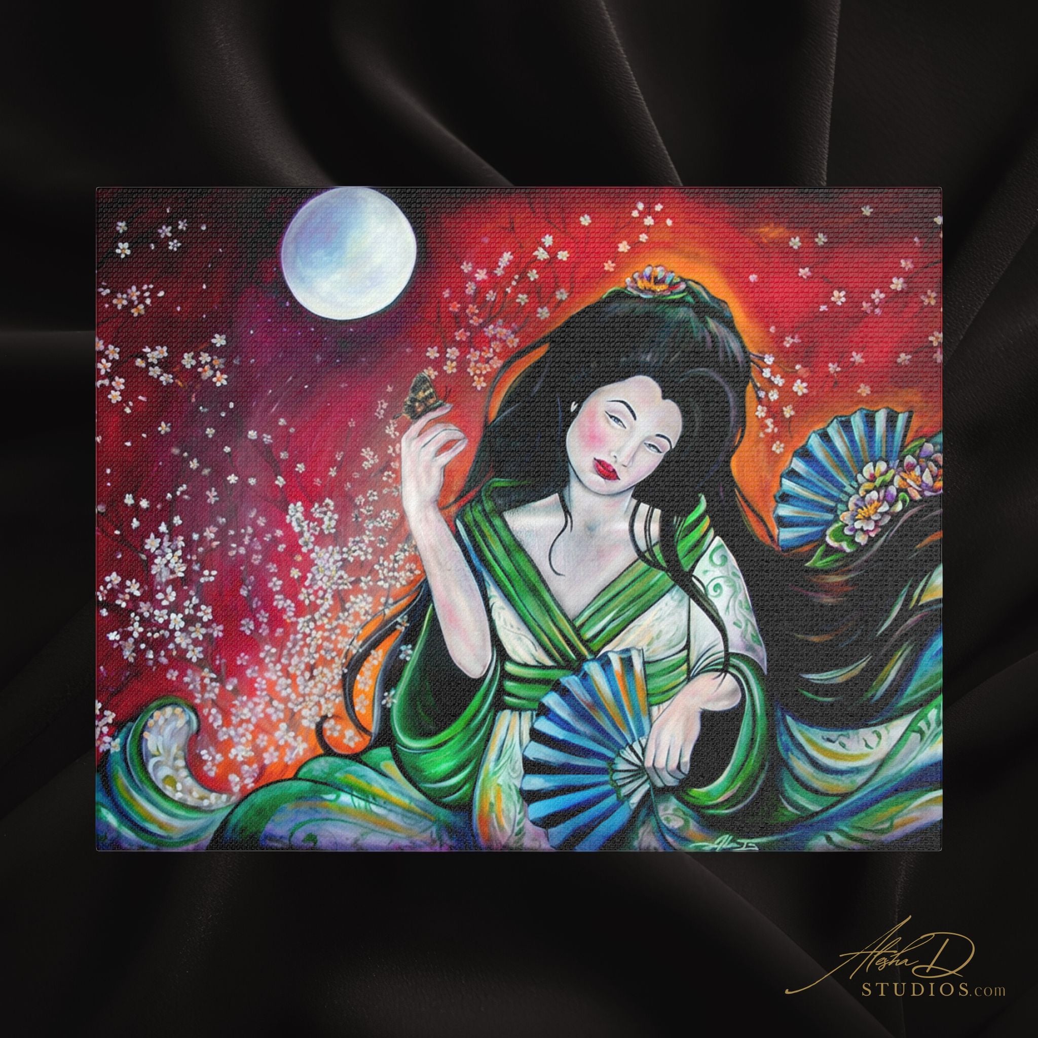 Geisha Moon Satin Canvas Art — Stretched Japanese Fan Painting