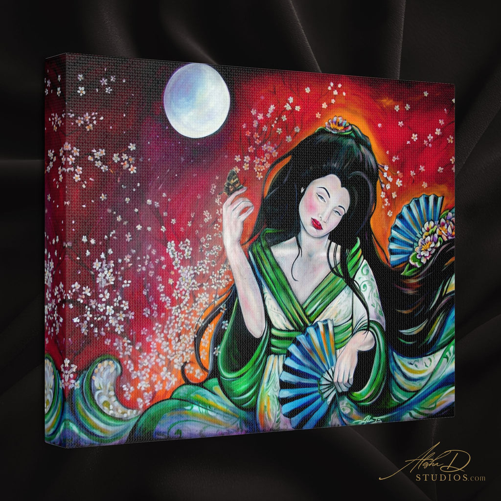 Geisha Moon Satin Canvas Art — Stretched Japanese Fan Painting
