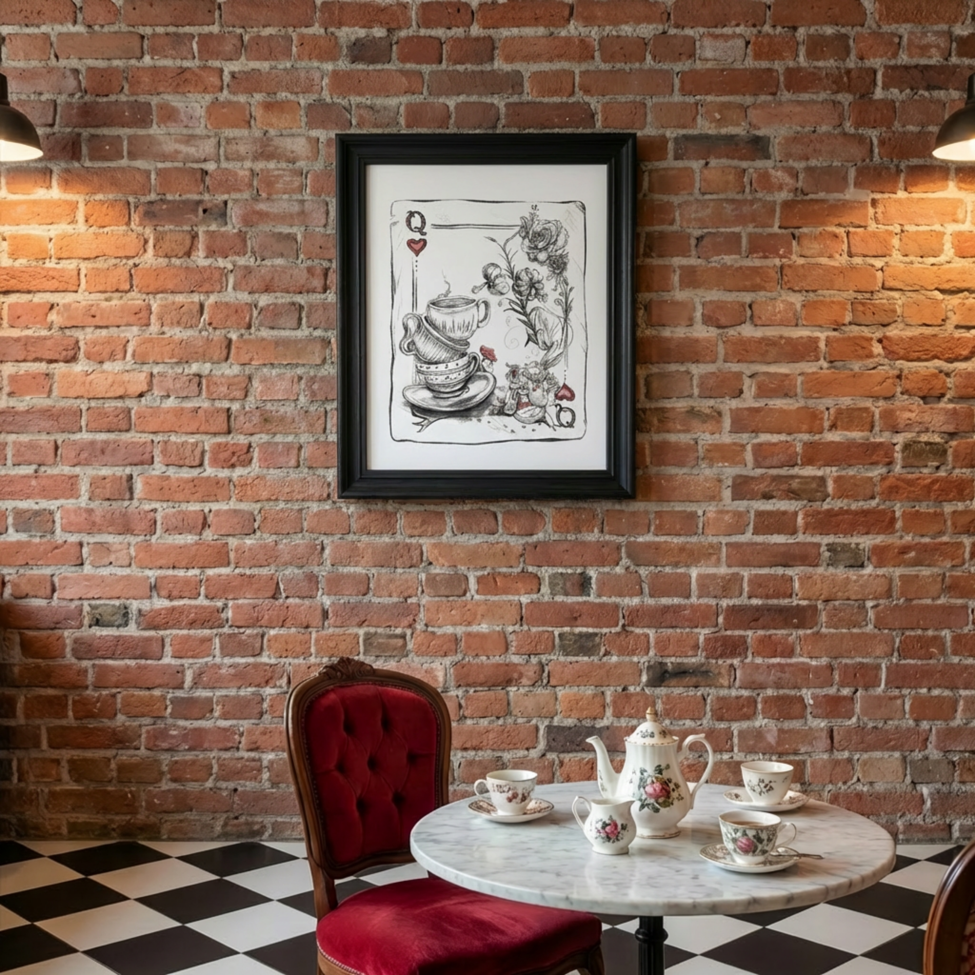 " Queen of Hearts"  11x14 Hand-Sketched Fine Art Print | Alice in Wonderland themed playing card Illustration,  | Matte Textured Watercolor Paper