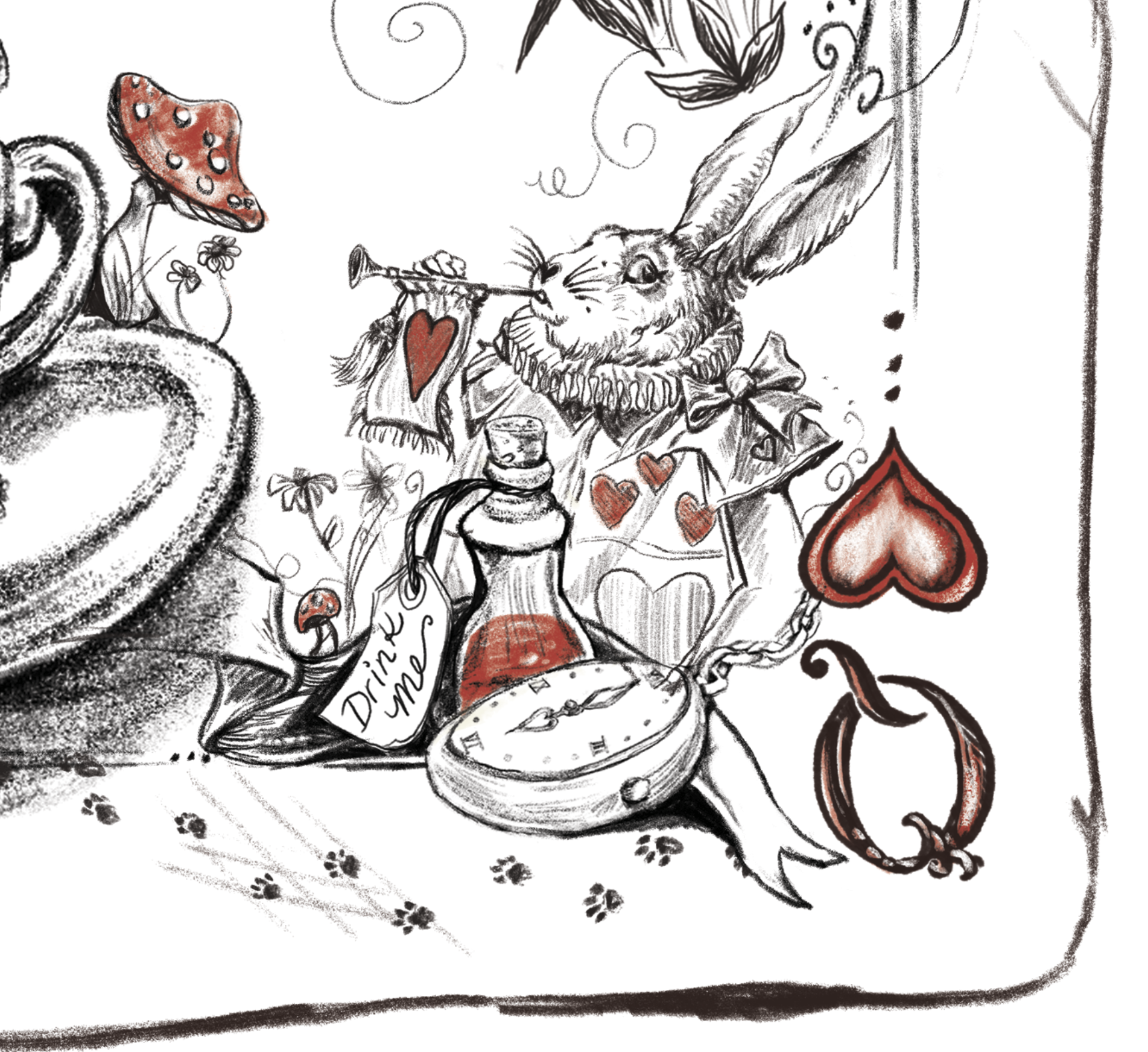 " Queen of Hearts"  11x14 Hand-Sketched Fine Art Print | Alice in Wonderland themed playing card Illustration,  | Matte Textured Watercolor Paper