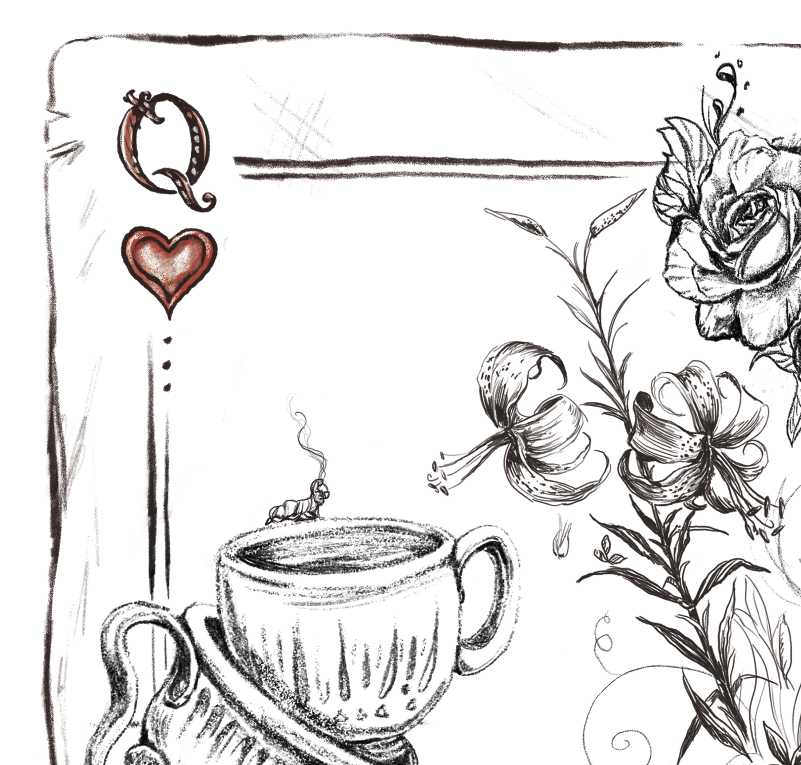 " Queen of Hearts"  11x14 Hand-Sketched Fine Art Print | Alice in Wonderland themed playing card Illustration,  | Matte Textured Watercolor Paper