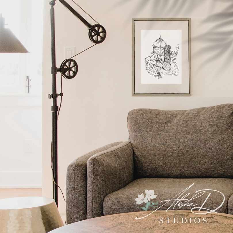 The Storm -La Tempéte- Woman Seamstress with Hot Air Balloon Poster | Watercolor Matte Art Print