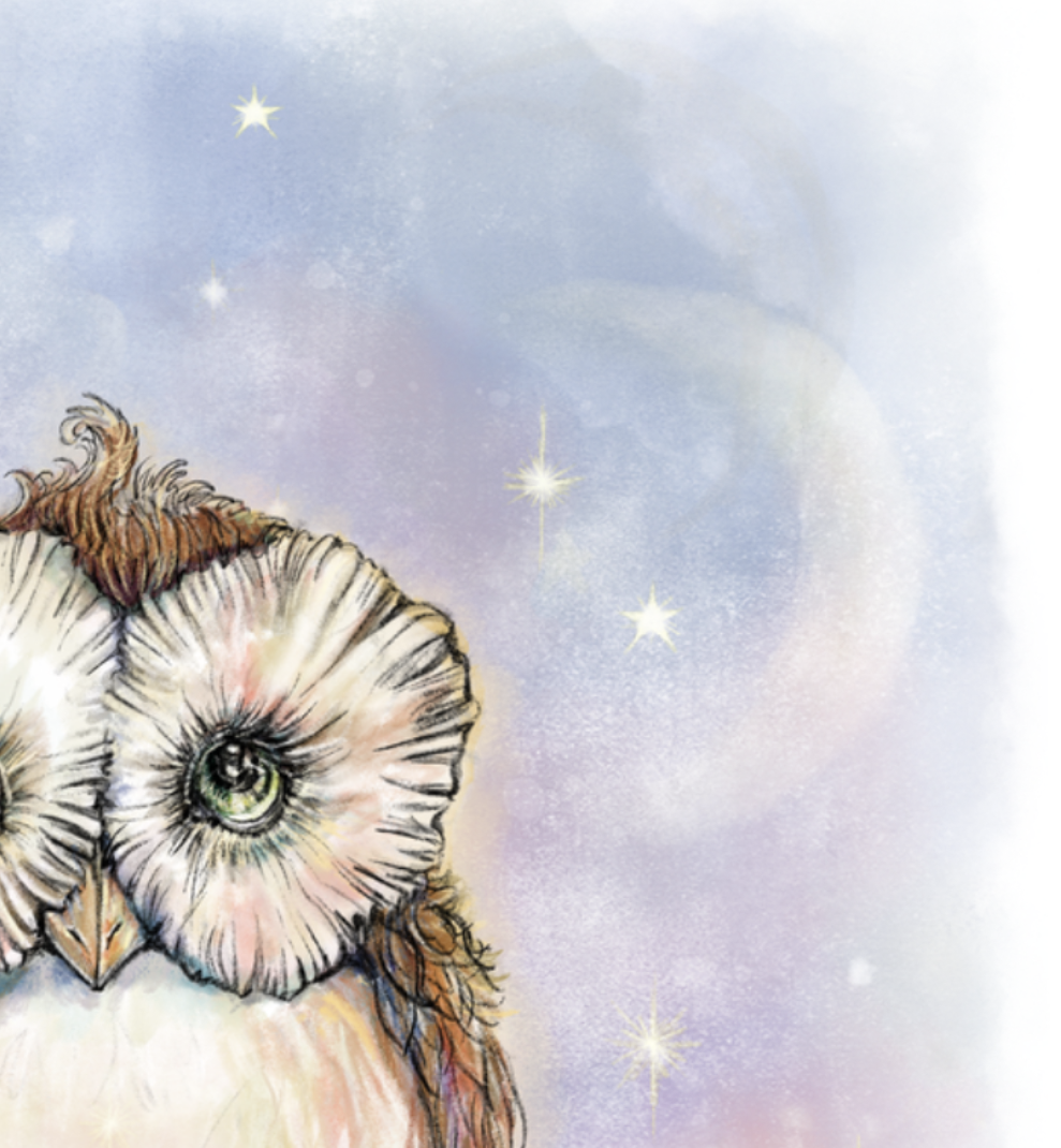 Twinkling Twilight Watercolor Owl Print — Night Sky Textured Matte Wall Art