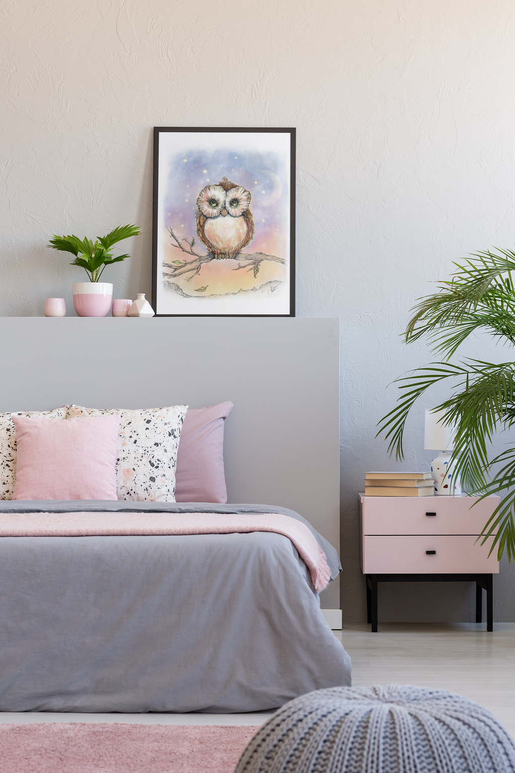 Twinkling Twilight Watercolor Owl Print — Night Sky Textured Matte Wall Art