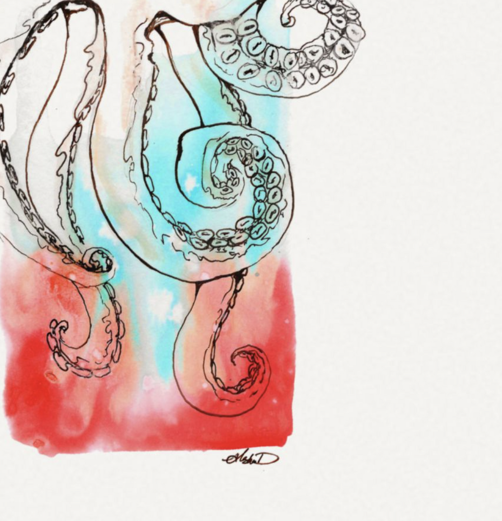 Octopus Watercolor & Ink  — Textured Matte Marine Wall Art Print