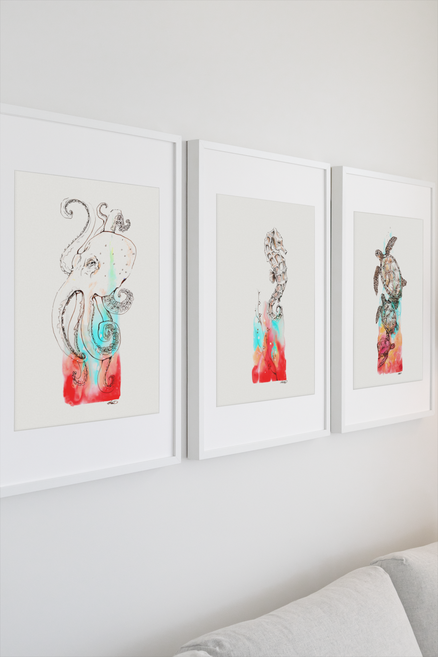 Octopus Watercolor & Ink  — Textured Matte Marine Wall Art Print