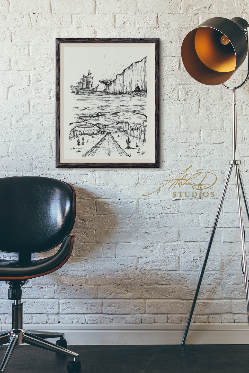 Cliff Road  " A Foot in Both Worlds" | Black Ink Sketch Matte Art Print