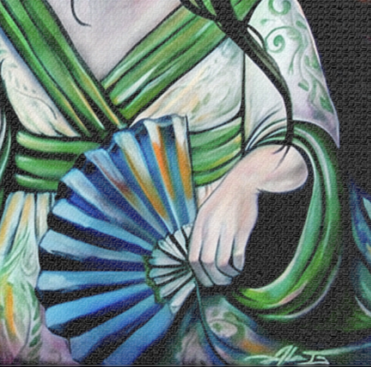 Geisha Moon Satin Canvas Art — Stretched Japanese Fan Painting