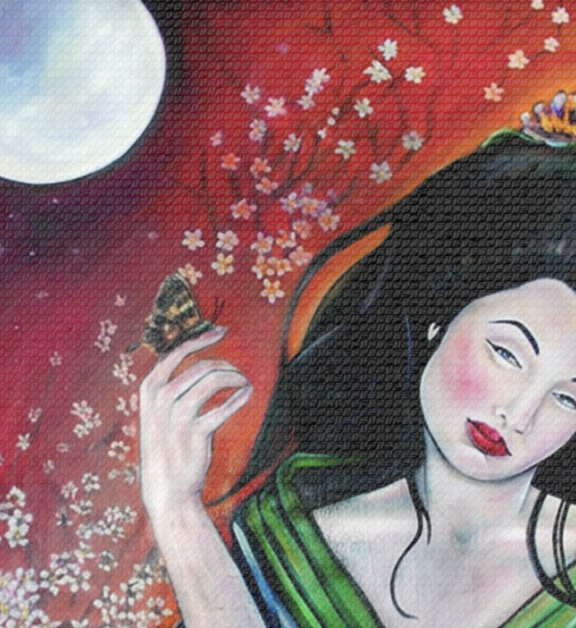 Geisha Moon Satin Canvas Art — Stretched Japanese Fan Painting