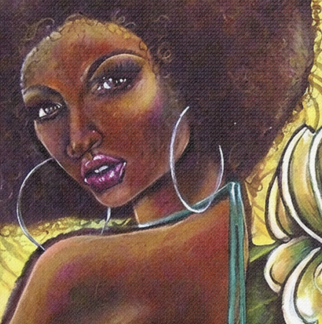 Beautiful Afro Woman Floral Portrait Satin Canvas Stretched Afrocentric Wall Art