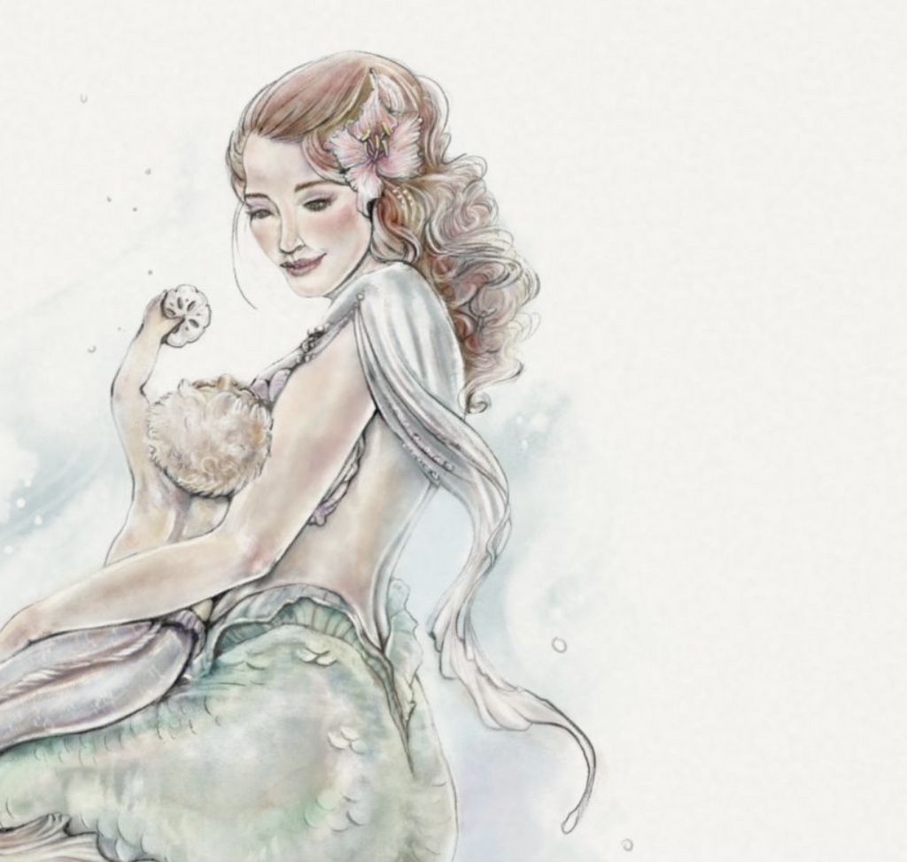 Mermaid Mother and Baby, Poster | Textured Watercolor Matte Print