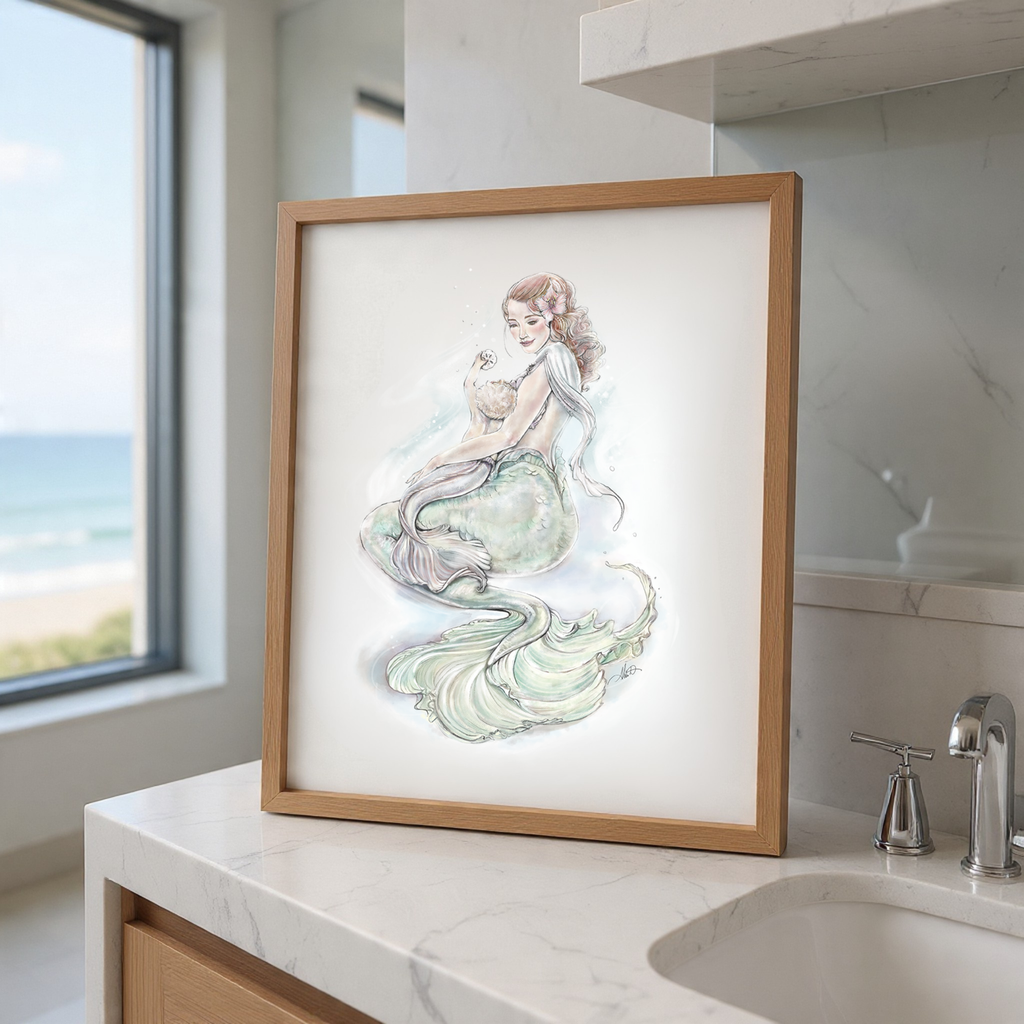 Mermaid Mother and Baby, Poster | Textured Watercolor Matte Print