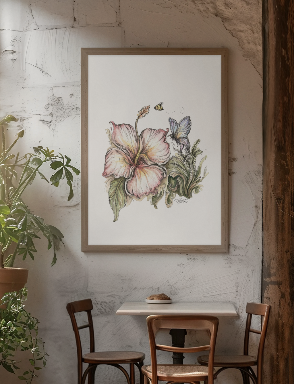 Hibiscus Butterfly Bee Watercolor Poster textured matte print | botanical wall art
