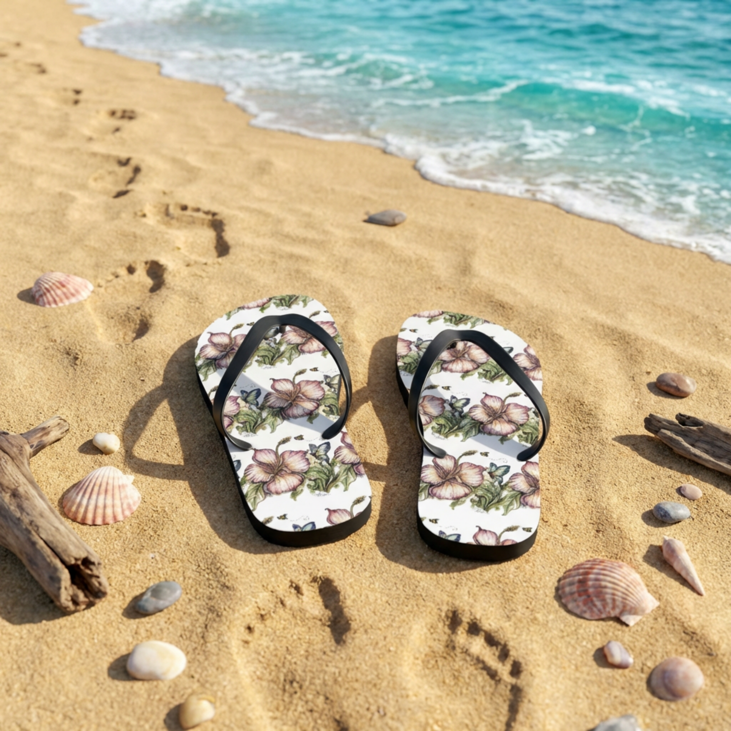 Floral Flip Flops — Vintage Pink Blossom Beach Sandals