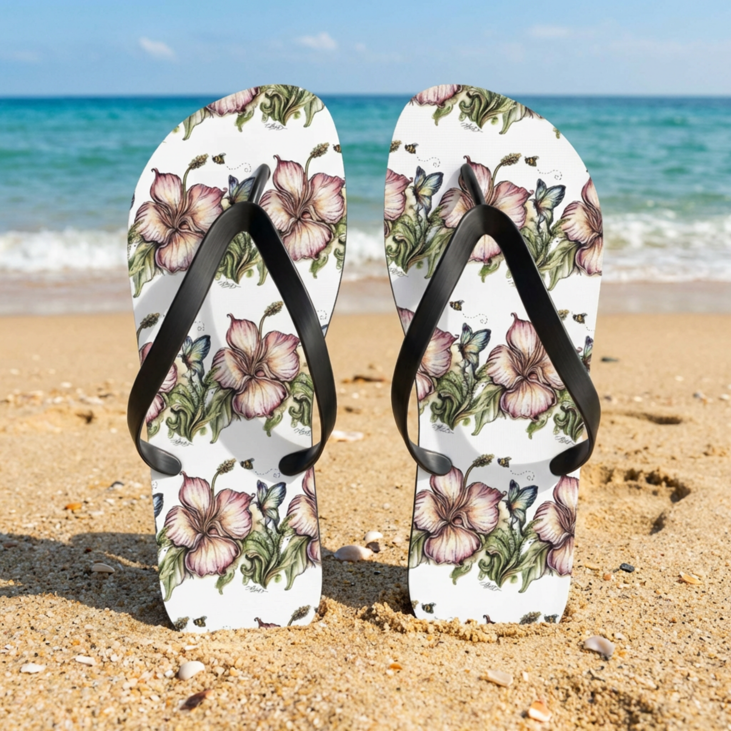 Floral Flip Flops — Vintage Pink Blossom Beach Sandals