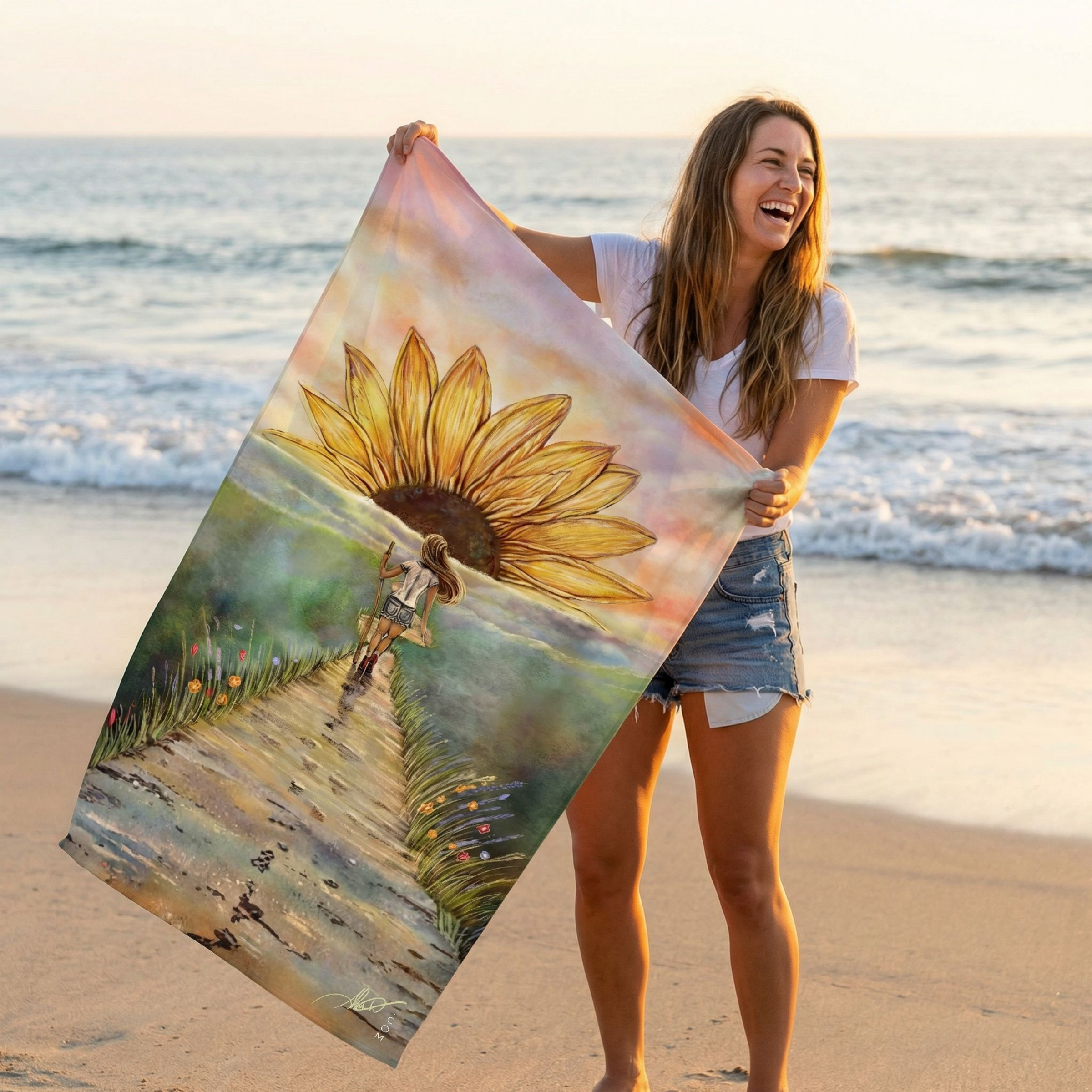 Sunflower Path Beach Towel Serene Sunset Floral Coastal Towel