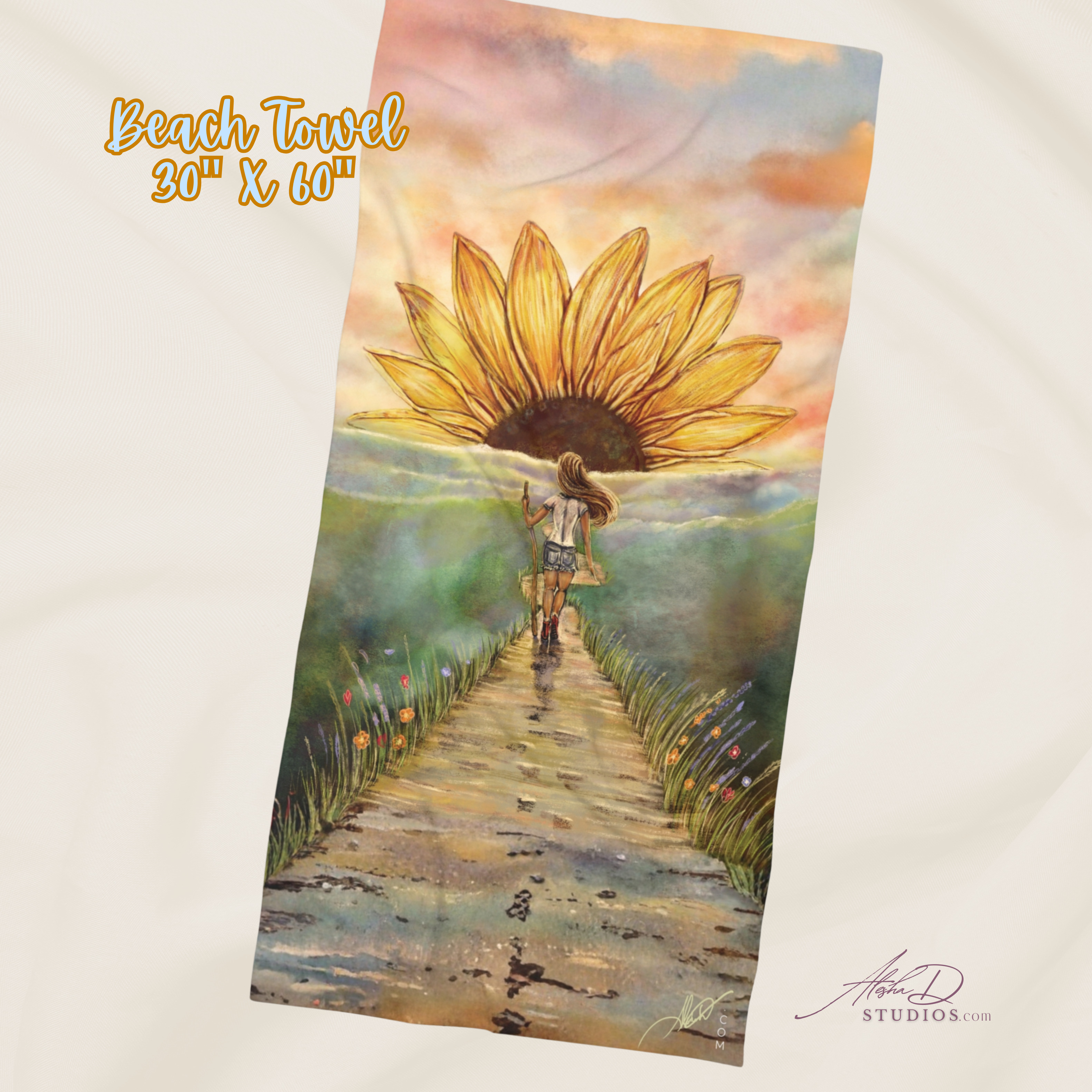 Sunflower Path Beach Towel Serene Sunset Floral Coastal Towel