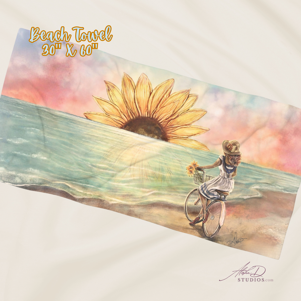 Sunflower Sunset Beach Towel — Girl with Bike Coastal Art Towel