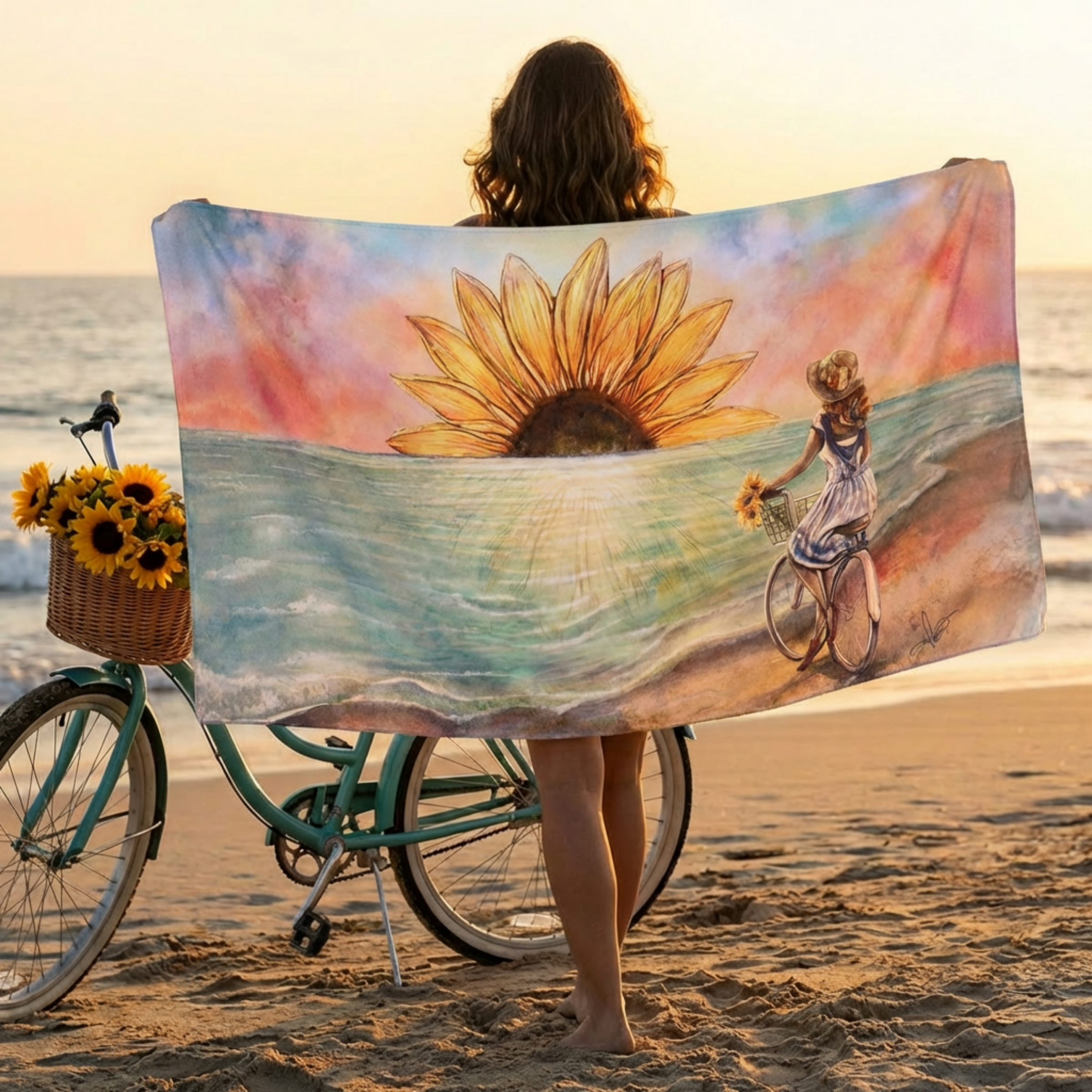 Sunflower Sunset Beach Towel — Girl with Bike Coastal Art Towel
