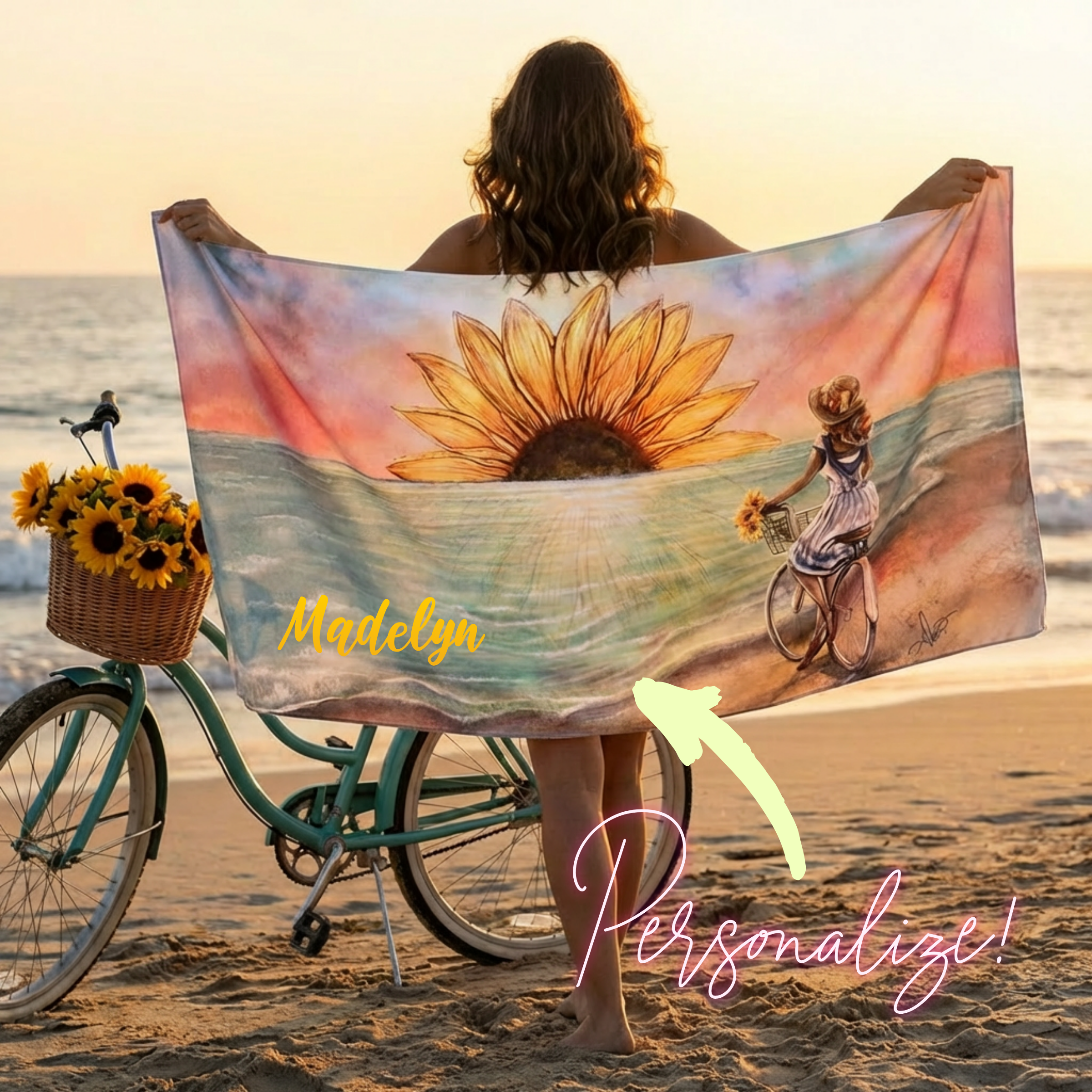 Sunflower Sunset Beach Towel — Girl with Bike Coastal Art Towel