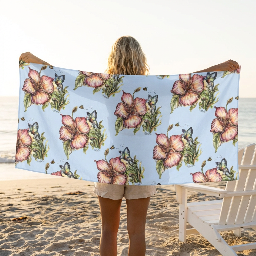 Hibiscus Bee and Butterfly Floral Beach Towel – Tropical Flower Print