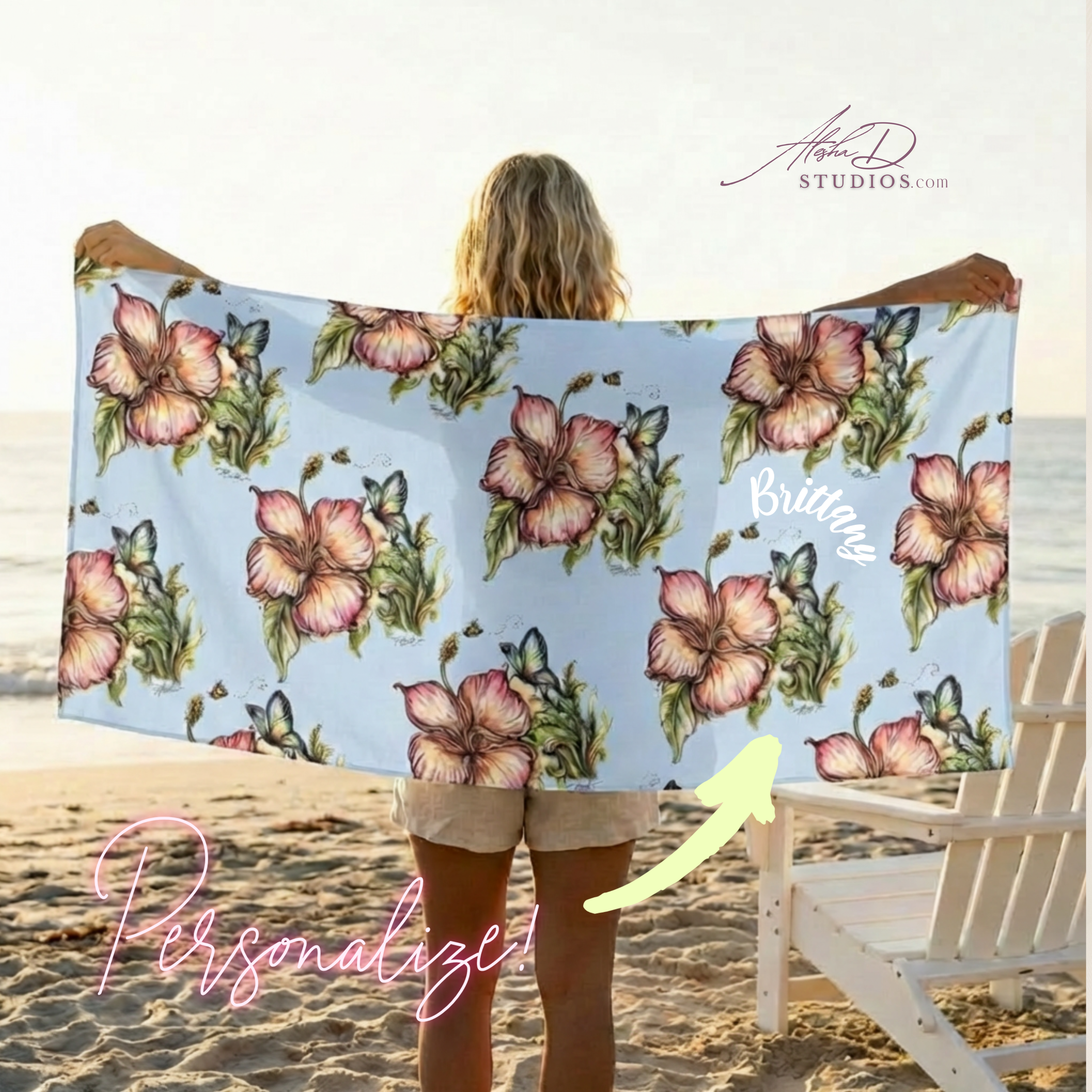 Hibiscus Bee and Butterfly Floral Beach Towel – Tropical Flower Print