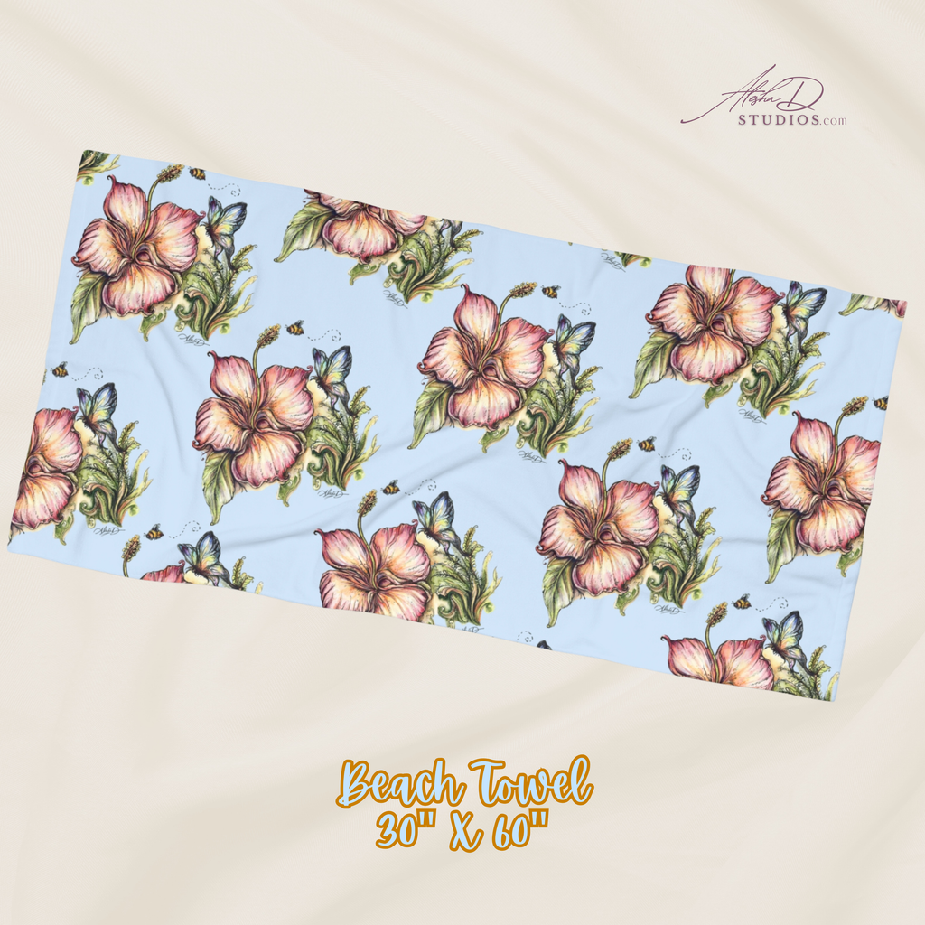 Hibiscus Bee and Butterfly Floral Beach Towel – Tropical Flower Print