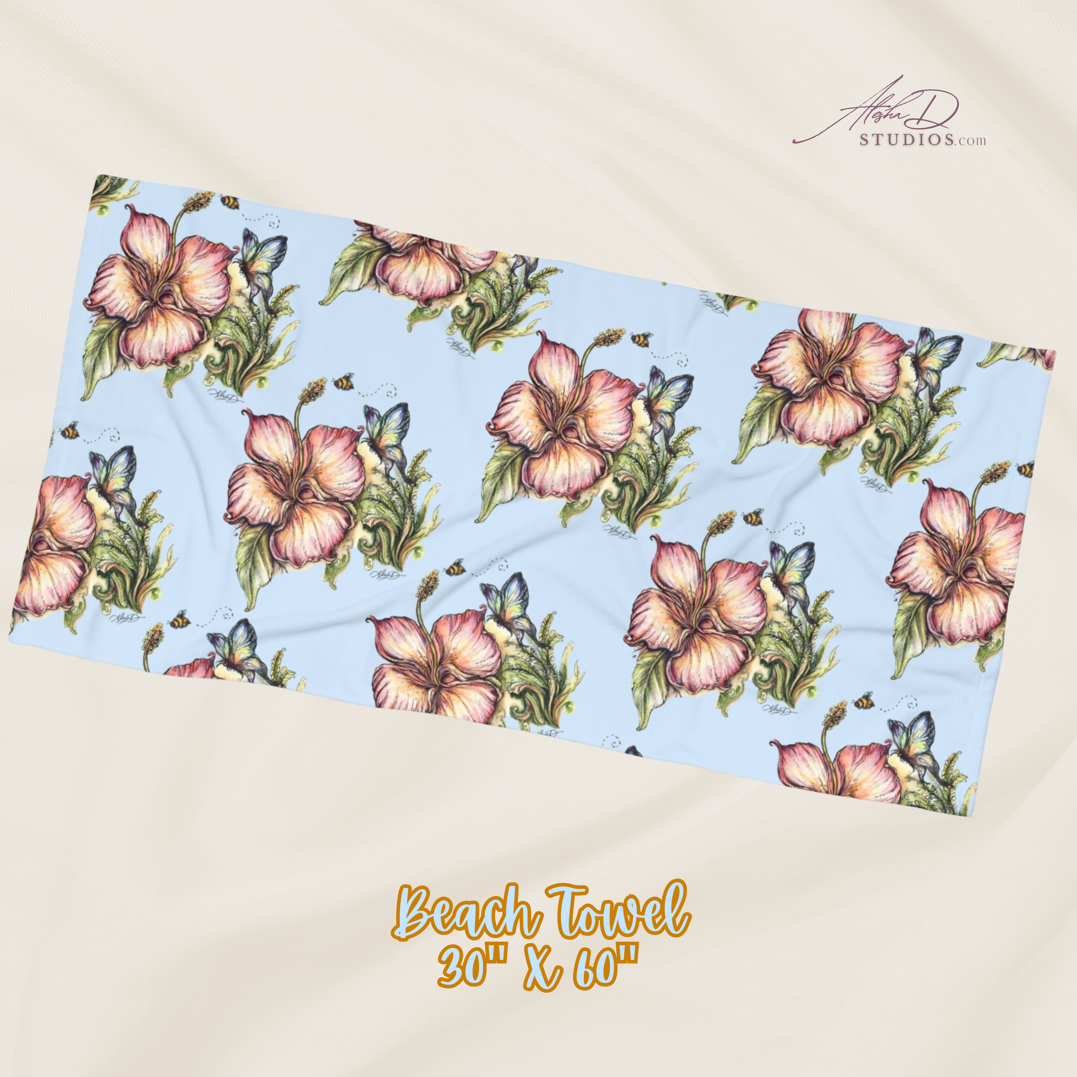 Hibiscus Bee and Butterfly Floral Beach Towel – Tropical Flower Print