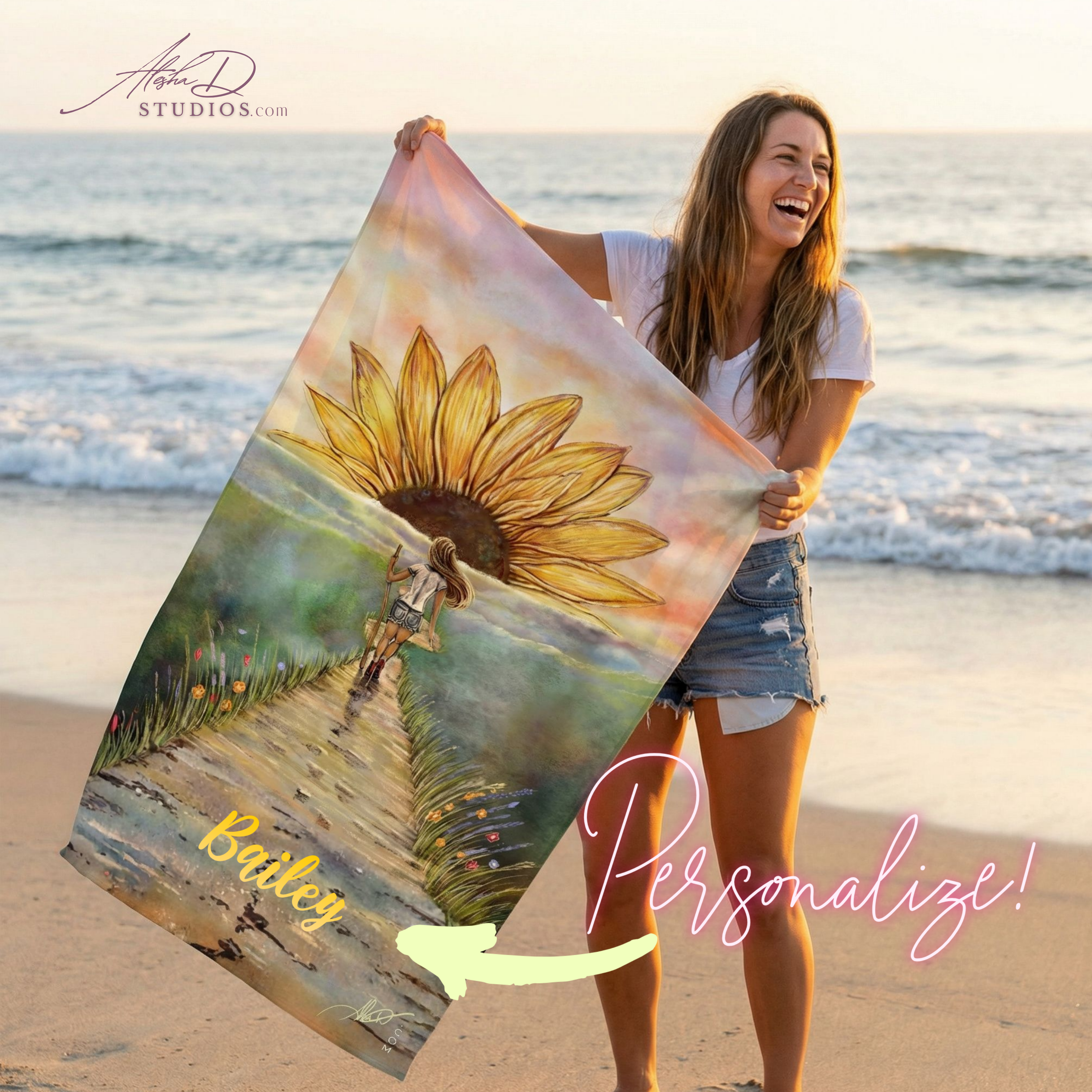 Sunflower Path Beach Towel Serene Sunset Floral Coastal Towel