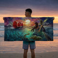 Mysterious Woman and Ships Over Atlantis Beach Towel Octopus Ocean Fantasy Sunset Scene