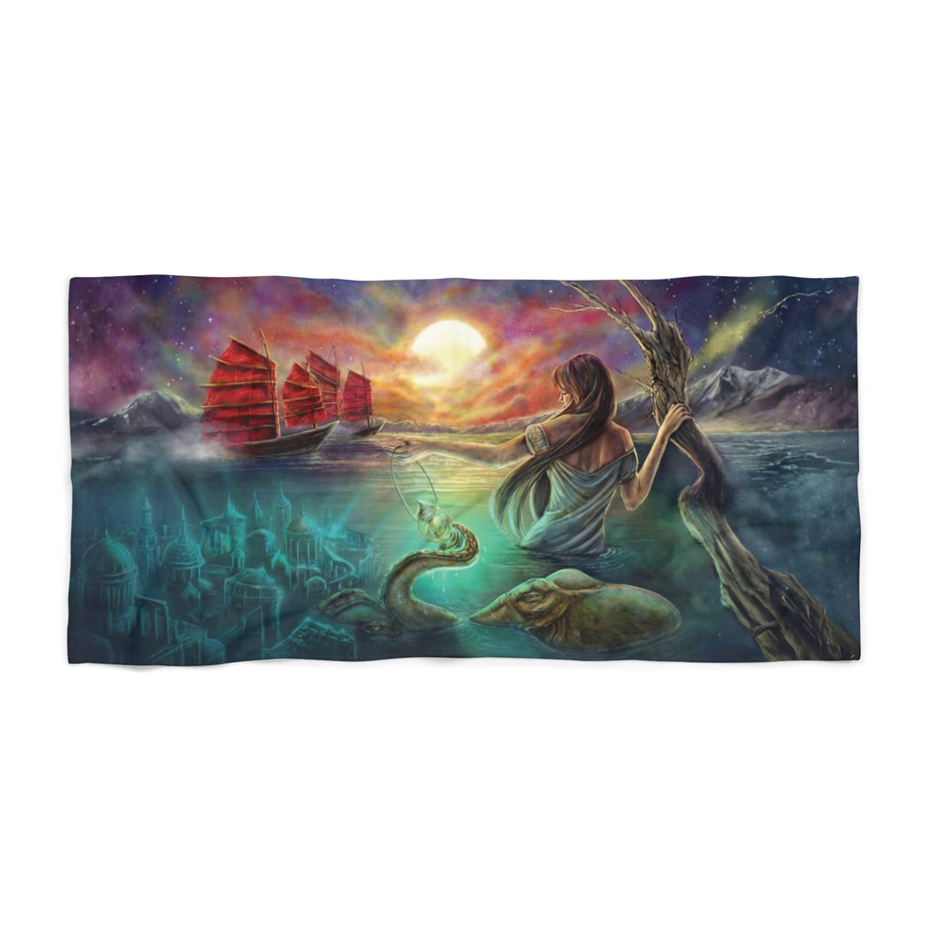 Mysterious Woman and Ships Over Atlantis Beach Towel Octopus Ocean Fantasy Sunset Scene