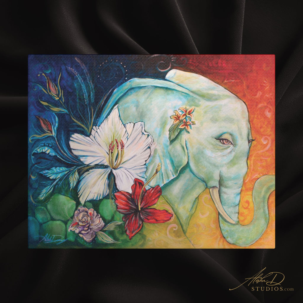 Elephant Floral Canvas Print — Stretched Satin Wall Art