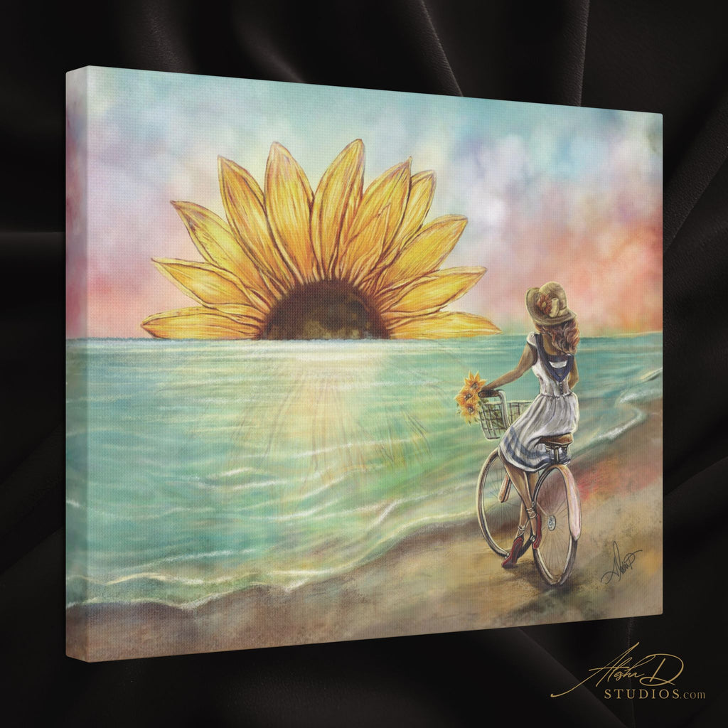 Sunflower Sunset Canvas Print — Woman on Vintage Bicycle Collecting Sunflowers