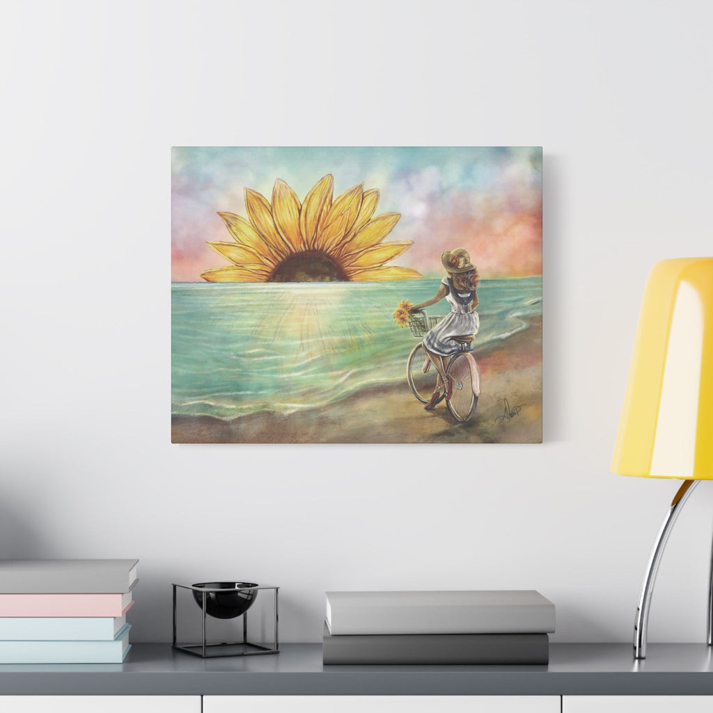 Sunflower Sunset Canvas Print — Woman on Vintage Bicycle Collecting Sunflowers