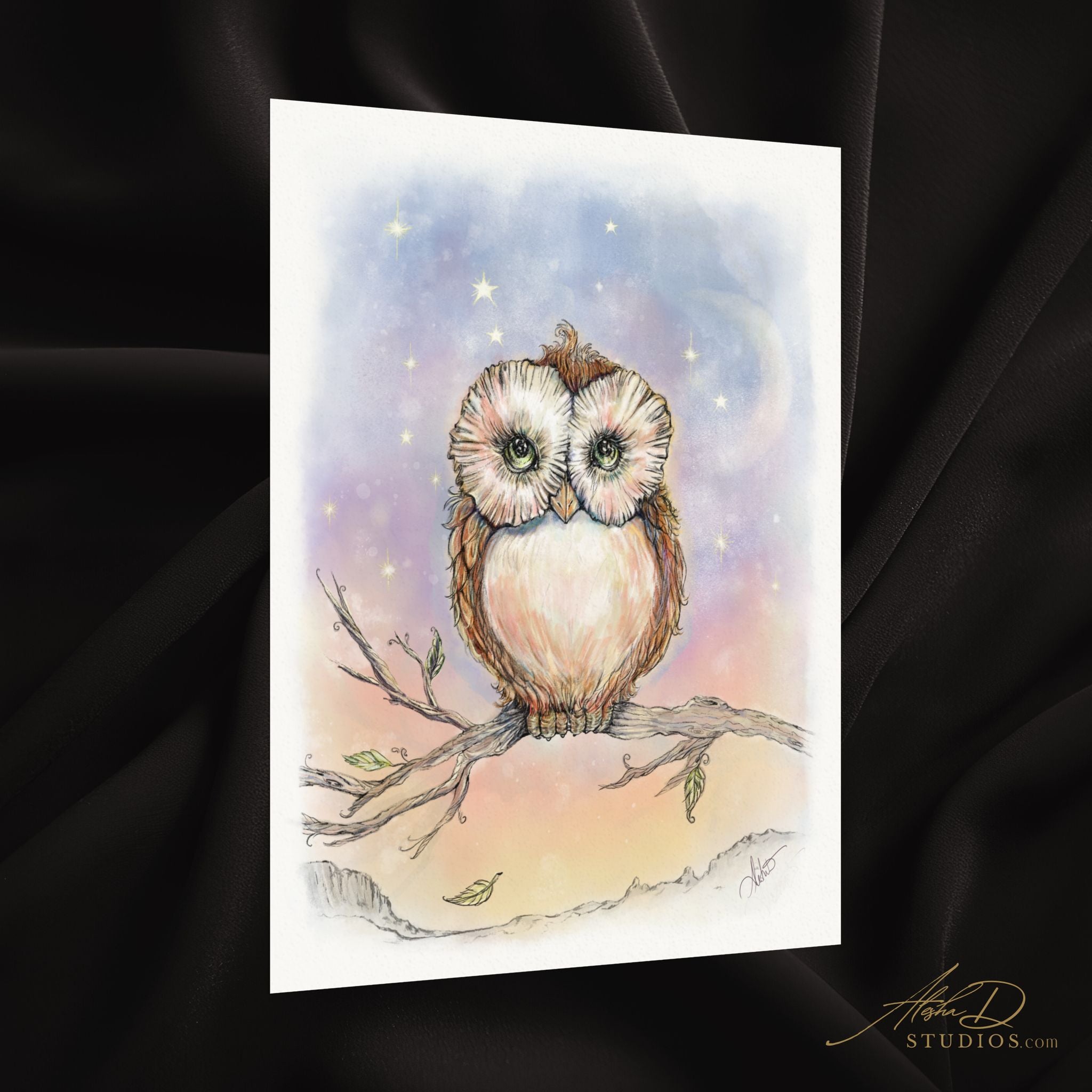Twinkling Twilight Watercolor Owl Print — Night Sky Textured Matte Wall Art