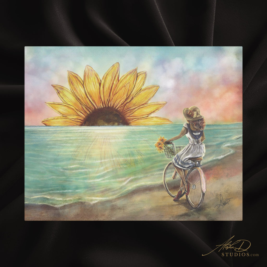 Sunflower Sunset Canvas Print — Woman on Vintage Bicycle Collecting Sunflowers