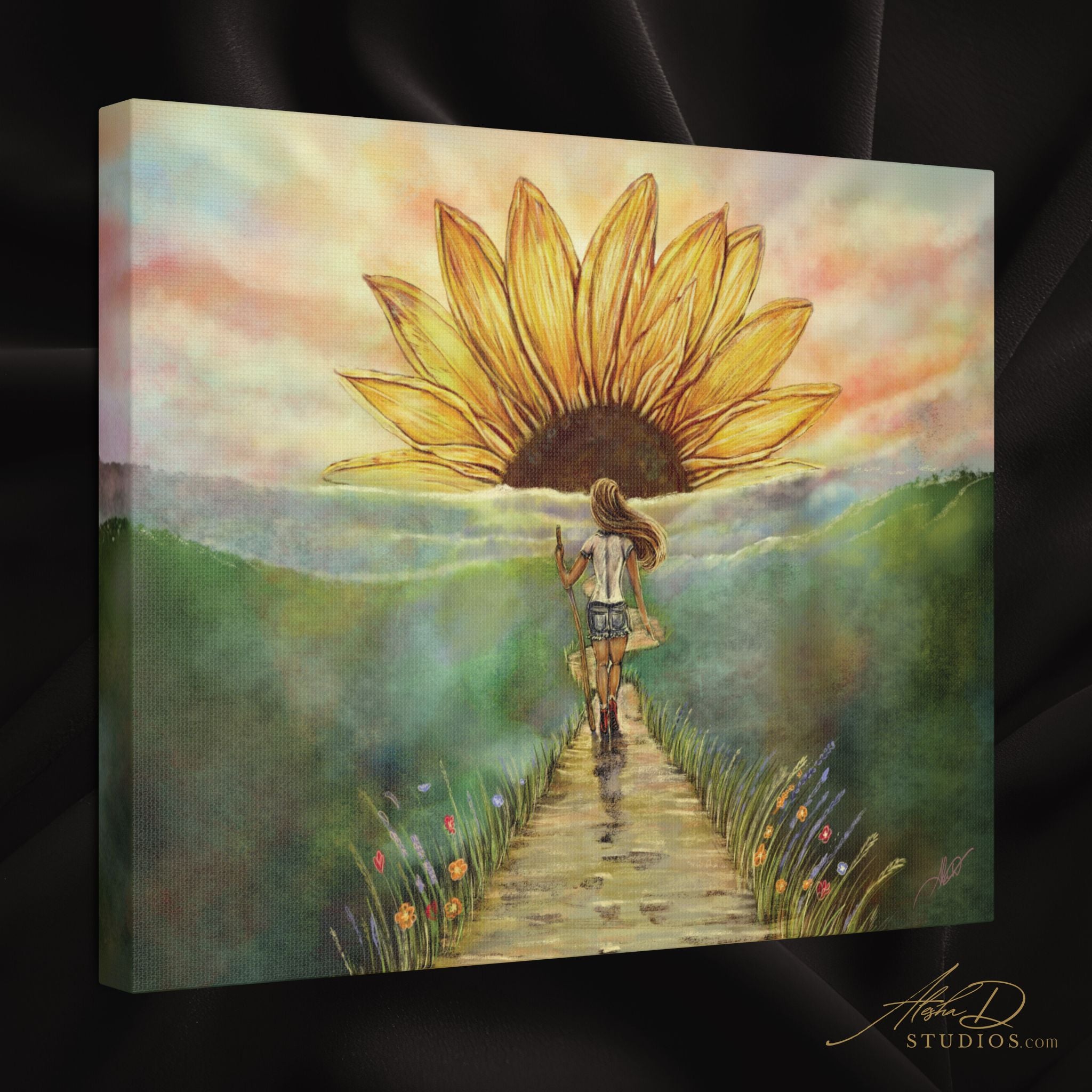Sunflower Path Satin Canvas Print — Stretched Wall Art