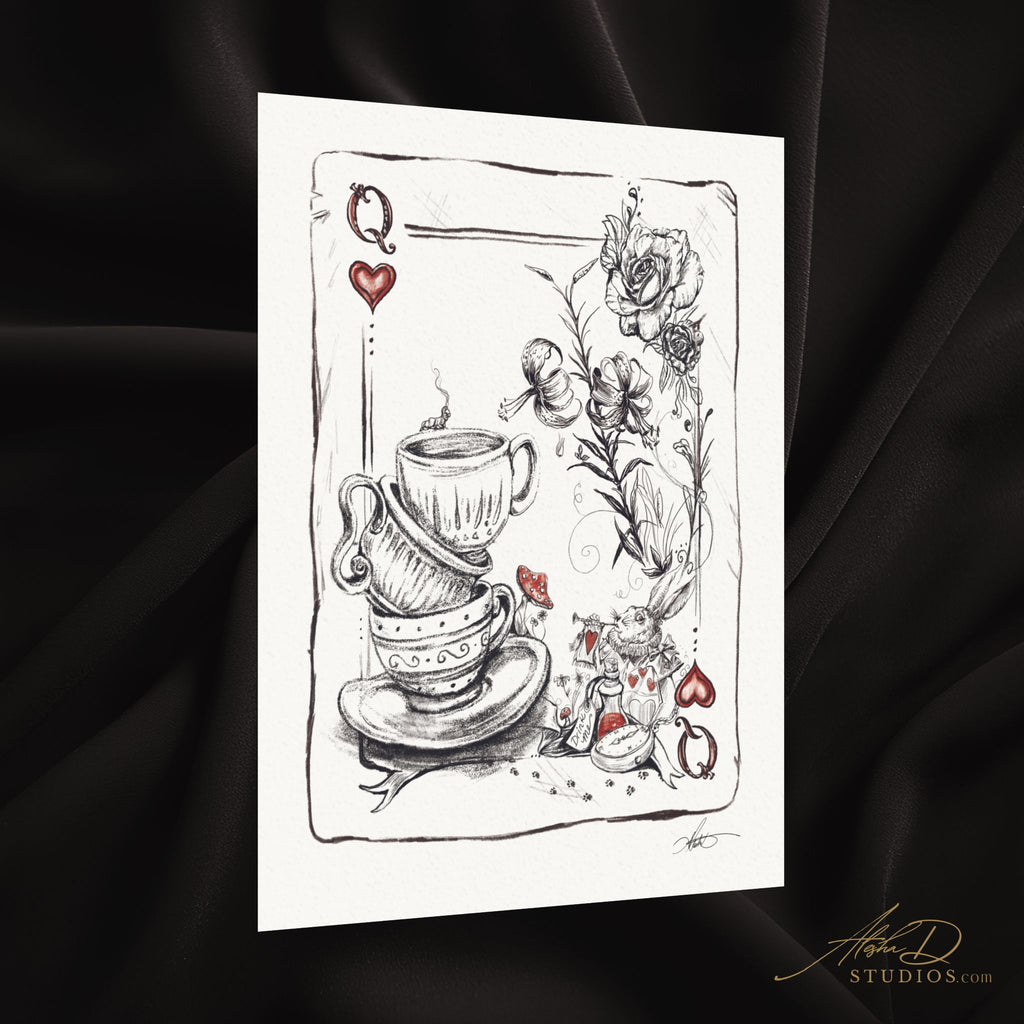 " Queen of Hearts"  11x14 Hand-Sketched Fine Art Print | Alice in Wonderland themed playing card Illustration,  | Matte Textured Watercolor Paper