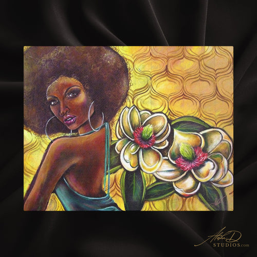 Beautiful Afro Woman Floral Portrait Satin Canvas Stretched Afrocentric Wall Art