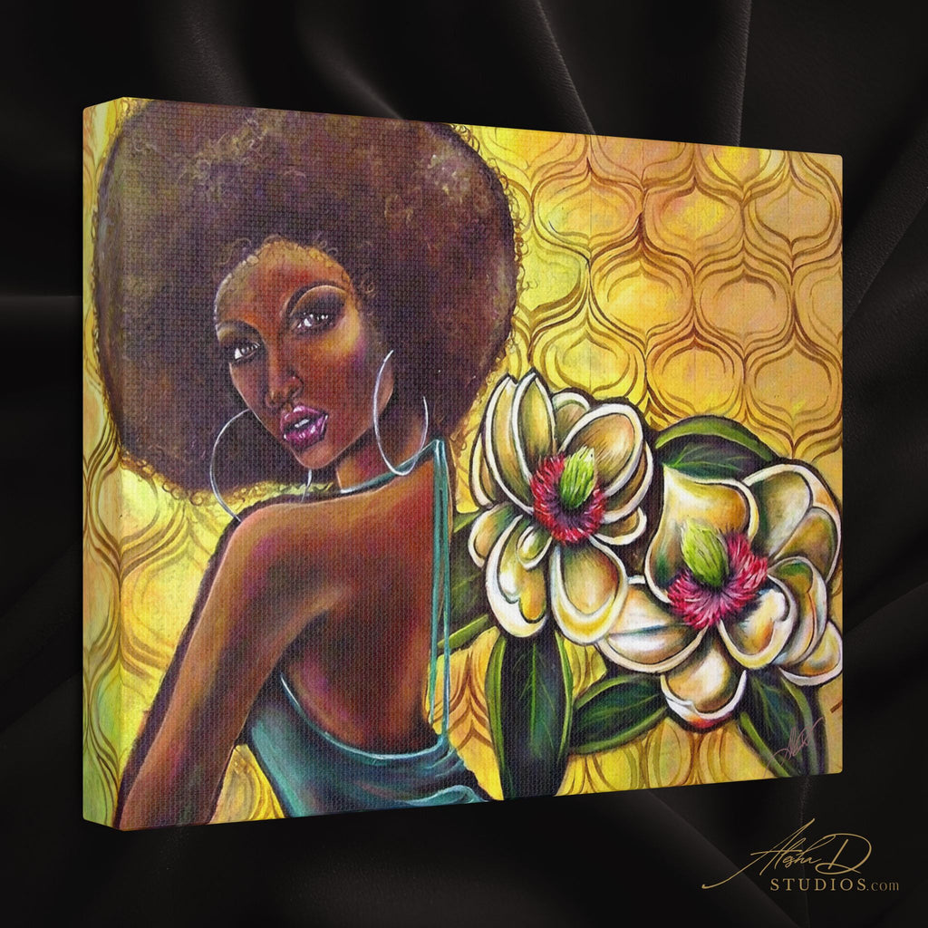 Beautiful Afro Woman Floral Portrait Satin Canvas Stretched Afrocentric Wall Art